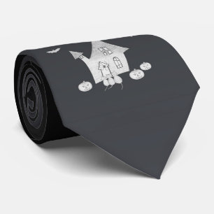 Corbata Noche de Halloween con casa embrujada, murciélagos