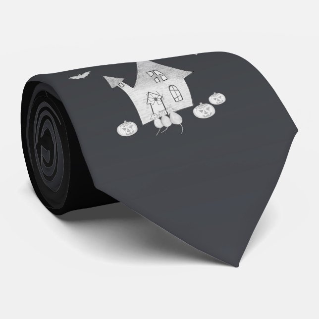 Corbata Noche de Halloween con casa embrujada, murciélagos (Enrollado)