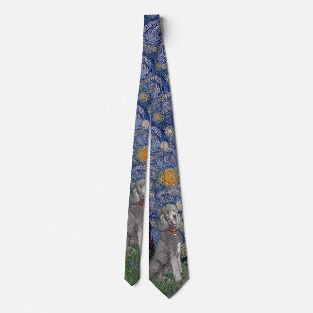 Corbata Noche estrellada con un caniche estándar plateado  (Reverso)