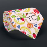 Corbata Novedad de Iniciales del Patrón de Frutas Mezclada<br><div class="desc">Este lindo y colorido patrón de fruta fue creado usando mi naranja de medios mixtos pintado a mano, manzana, pera, cal, arándanos, fresas, melocotones y ilustraciones de plátano y hace un peculiar diseño de novedad para aquellos que no toman la vida, o sus calcetines demasiado en serio! El fondo rosa...</div>