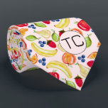 Corbata Novedad de Iniciales del Patrón de Frutas Mezclada<br><div class="desc">Este lindo y colorido patrón de fruta fue creado usando mi naranja de medios mixtos pintado a mano, manzana, pera, cal, arándanos, fresas, melocotones y ilustraciones de plátano y hace un peculiar diseño de novedad para aquellos que no toman la vida, o sus calcetines demasiado en serio! El fondo rosa...</div>