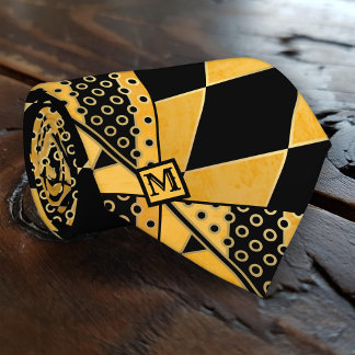 Corbata Ocher Black Geometric Pattern Monograma Tira