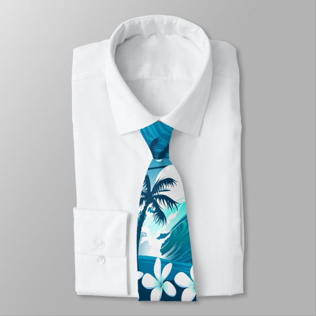 Corbata Ola de surf tropical con palmeras (Atado)