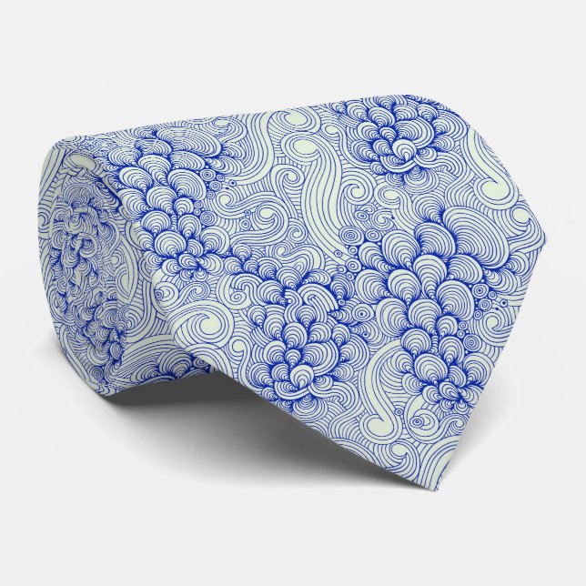 Corbata Olas de Océano Azul y Patrón de Conchas Marinas (Enrollado)