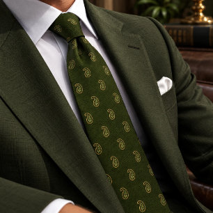 Corbata Oliva Verde Twill Bordado Paisley Dinero Antiguo