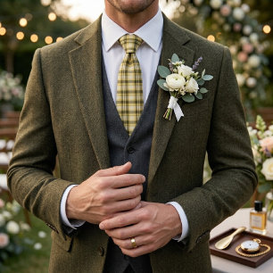 Corbata Olive Green Cream Plaid Clásico estilo inglés ca