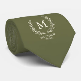 Corbata Olivo Verde Elegante Portador de Boda Laurel Monog