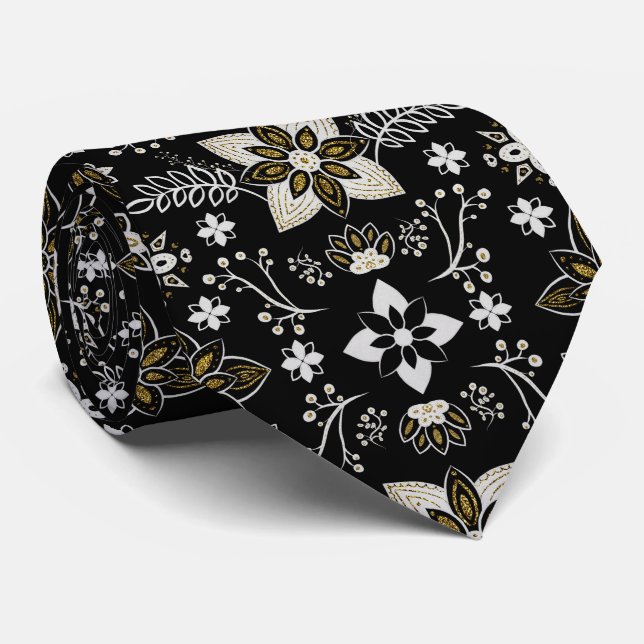 Corbata Ornado patrón floral en negro y blanco (Enrollado)