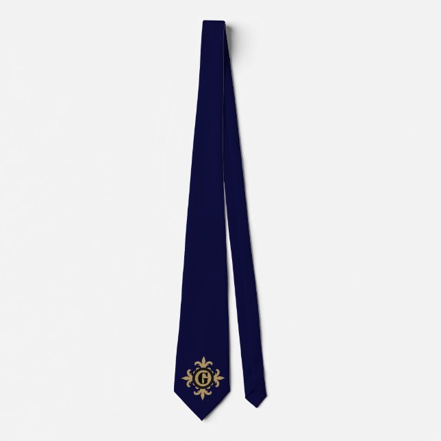 Corbata Oro monograma clásico Fleur De Lis azul (Anverso)
