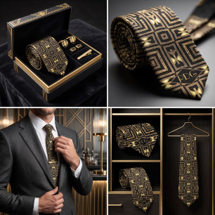 Corbata Oro Negro Art Deco Monograma Geométrico