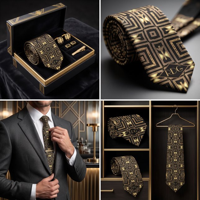 Corbata Oro Negro Art Deco Monograma Geométrico (necktie featuring a black, taupe, and glowing yellow geometric Art Deco and Aztec inspired pattern)