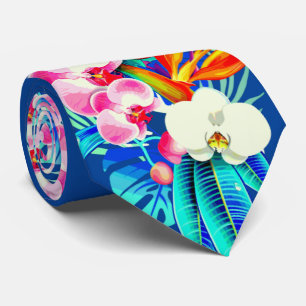 Corbata Orquídea tropical y hojas de palma floral hawaiana