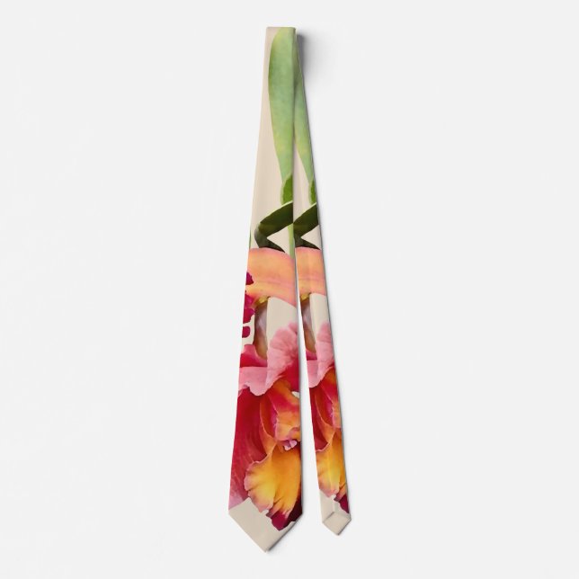 Corbata Orquídeas Cattleya de melocotón y carmesí (Anverso)