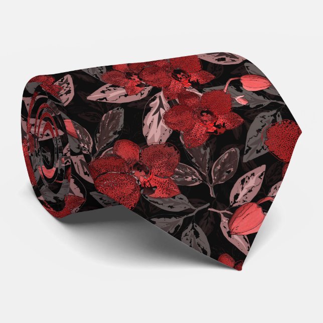 Corbata orquídeas rojas sobre negro. (Enrollado)