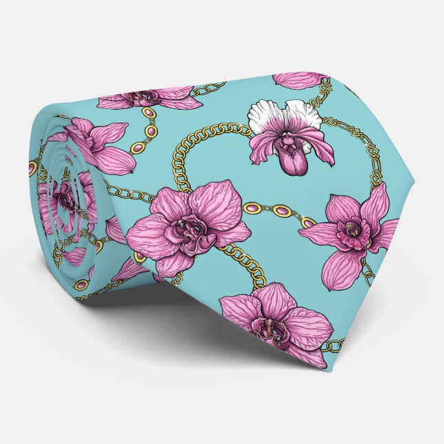 Corbata orquídeas y cadenas, rosa y azul (Enrollado)