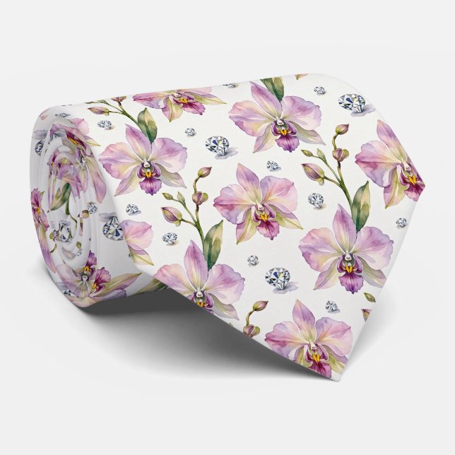 Corbata Orquídeas y Diamantes Falso Seda  (Enrollado)