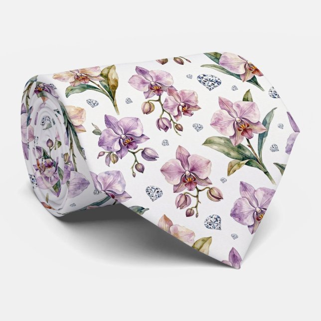Corbata Orquídeas y Diamantes Falso Seda  (Enrollado)