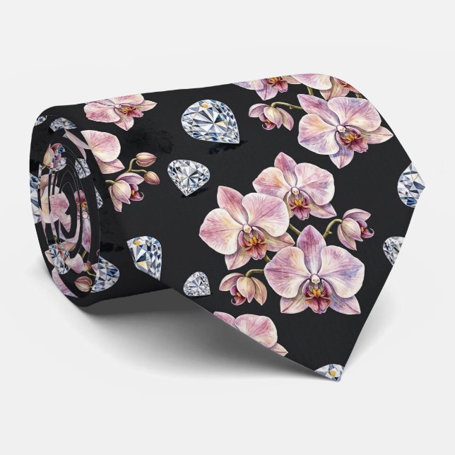 Corbata Orquídeas y Diamantes Falso Seda  (Enrollado)