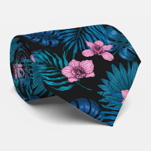 Corbata Orquídeas y hojas de palma, rosa y azul en negro