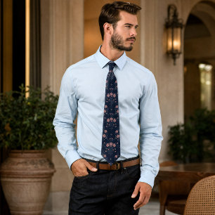 Corbata Oscuro Navy y Rosa Polvoriento Floral Vintage Sin