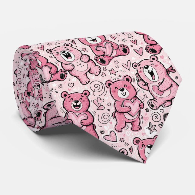 Corbata Oso de peluche Kawaii patrón rosa (Enrollado)