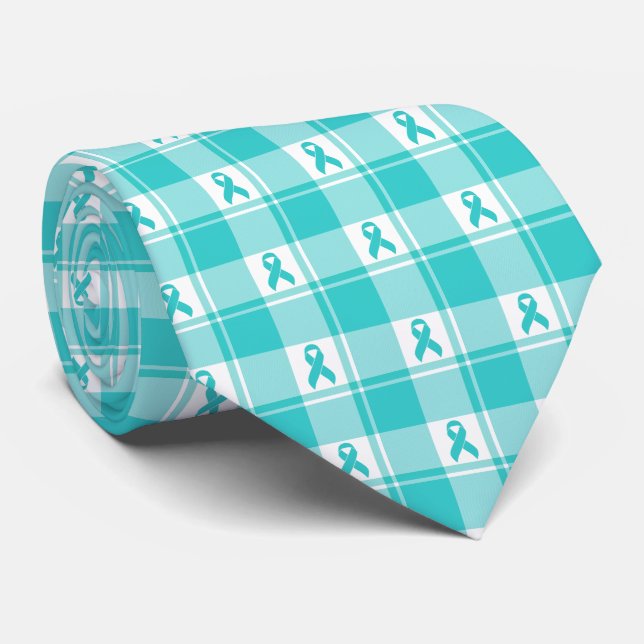 Corbata Ovarian Cancer Awareness Plaid Teal Ribbon (Enrollado)