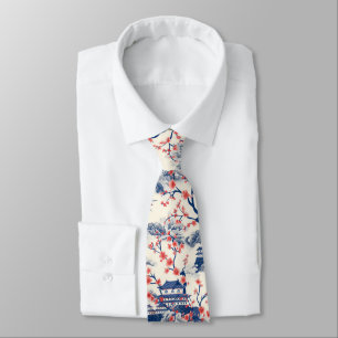 Corbata Pagoda Japonesa Flor de Cerezo Crema Azul