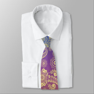 Corbata Paisley de lujo dorado sobre azul, púrpura y Naran