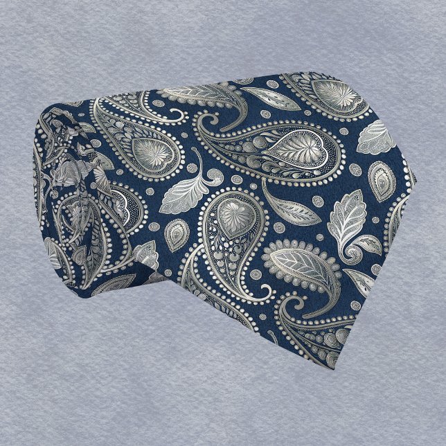 Corbata Paisley en azul marino y plata elegante (Subido por el creador)