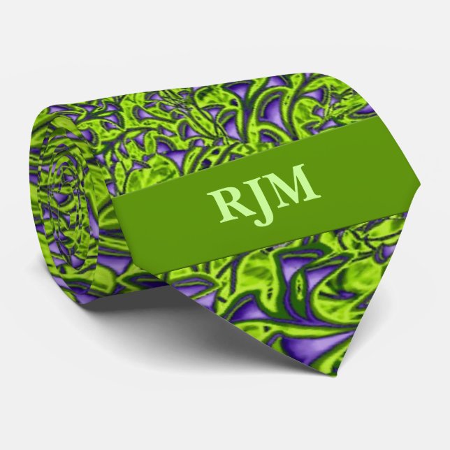 Corbata Paisley verde y púrpura monogramada (Enrollado)