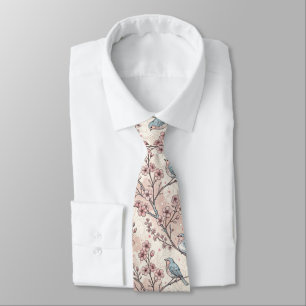 Corbata Pájaros Azules Pastel con Flor de Cerezo Rosa