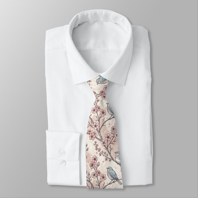 Corbata Pájaros Azules Pastel con Flor de Cerezo Rosa (Atado)