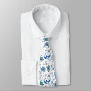 Corbata Pájaros Azules y Patrón Continuo de Armonía Floral