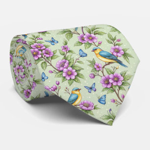 Corbata Pájaros cantores de fondo a menta y flores púrpura
