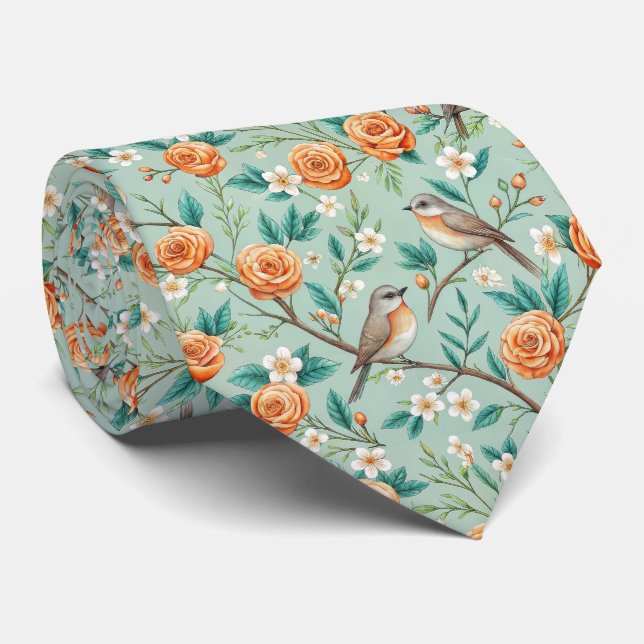 Corbata Pájaros Cantores Vibrantes Flores Naranjas Hojas V (Enrollado)
