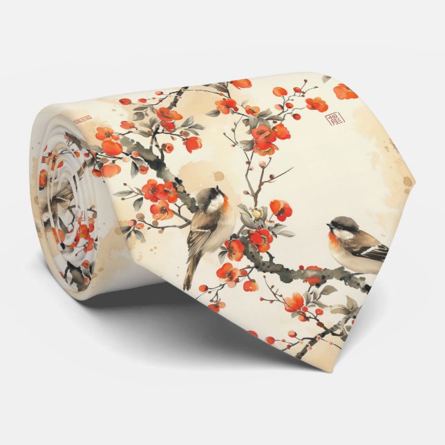 Corbata Pájaros Cantores y Flor Oriental - Asiático Tradic (Enrollado)