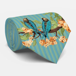 Corbata Pájaros de Amor Vintage Turquesa Naranja Franja de
