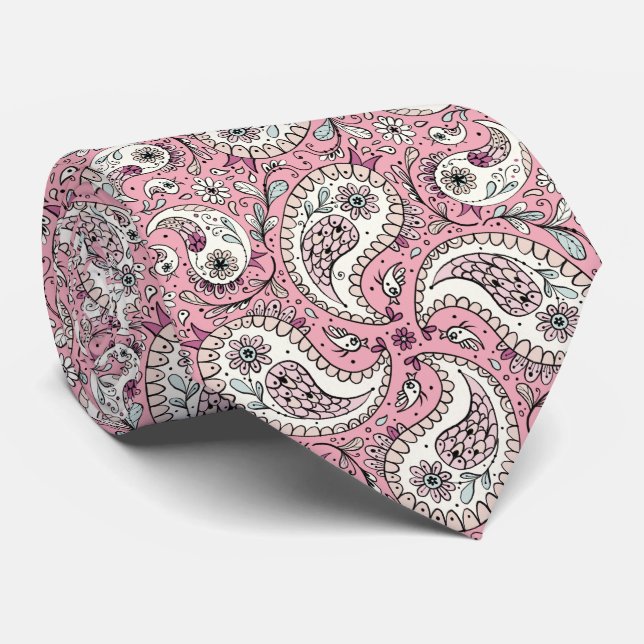 Corbata Pájaros de paisley de rosa bebé (Enrollado)