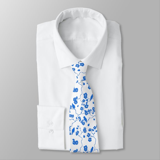 Corbata Pájaros en estampado azul de flor de cerezo (Atado)