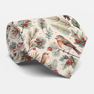 Corbata Pájaros Navideños Vintage - Acebo y Petirrojo