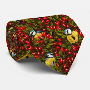 Corbata Pájaros y caderas de rosa de perro, verdes y rojas
