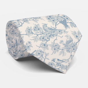 Corbata Pájaros y flor de cerezo en azul y blanco desvaído