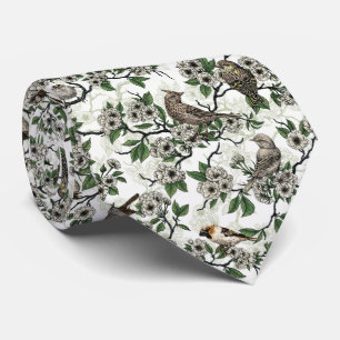 Corbata Pájaros y flor de cerezo sobre blanco