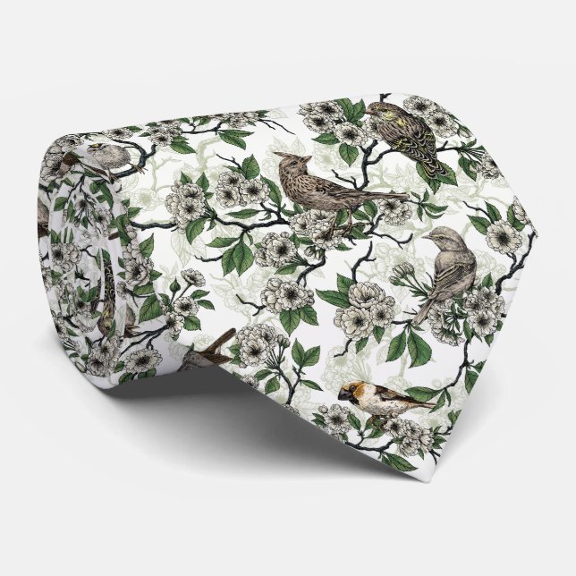 Corbata Pájaros y flor de cerezo sobre blanco (Enrollado)