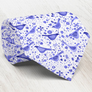Corbata Pájaros y flores silvestres Floral acuarela azul b