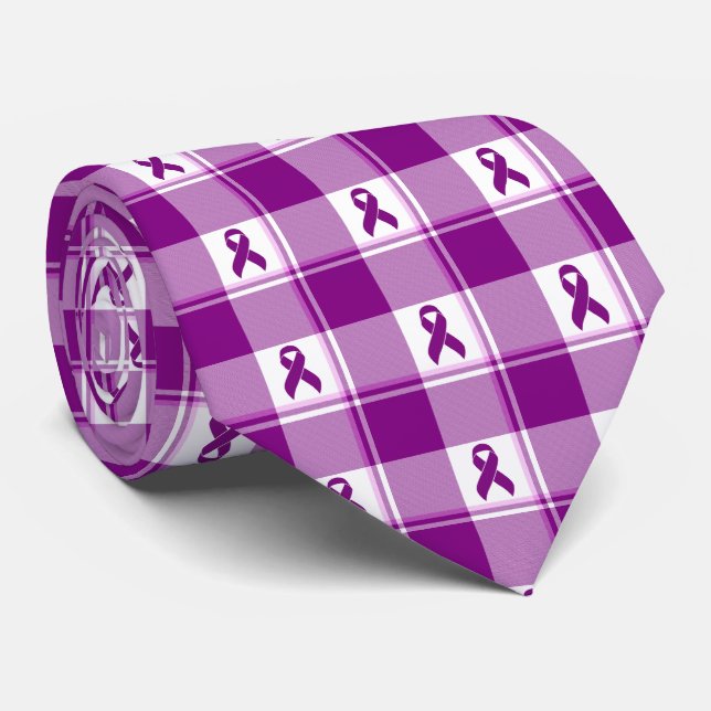 Corbata Pancreatic Cancer Awareness Plaid Purple Ribbon (Enrollado)