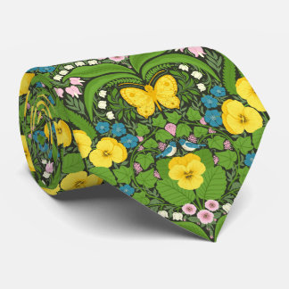 Corbata Pansias amarillas, pájaros y mariposas