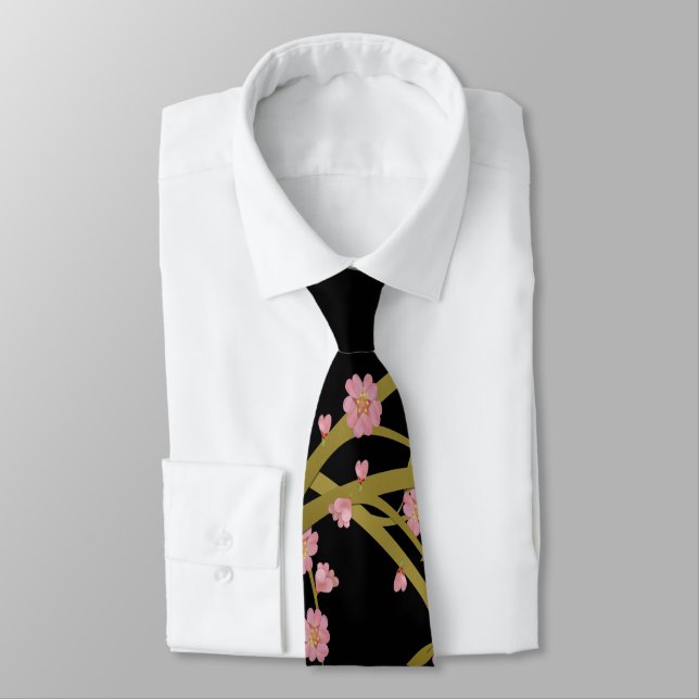Corbata Pantalla Japonesa Rosa Sakura Oro Negro (Atado)