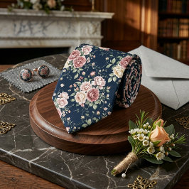 Corbata Pañuelo Floral Peonía Rosa Polvorienta Azul Marino