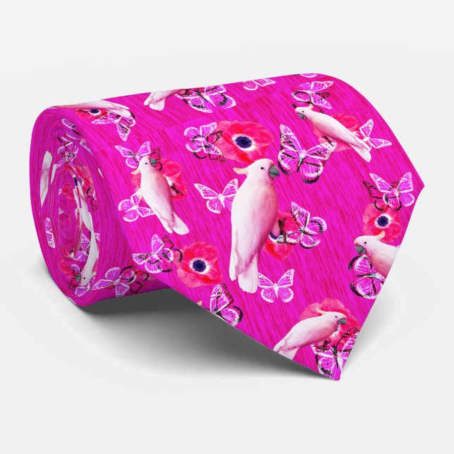 Corbata Paraíso de Rubor: Armonía de Cockatoos y Mariposas (Enrollado)